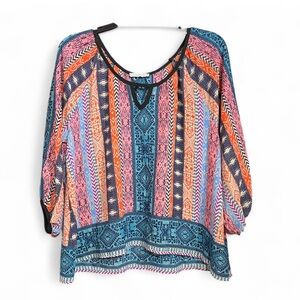 Lush Multicolor Geometric Blouse Flowy Boho Revival Top